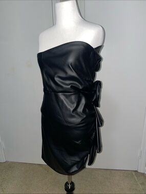 Express Strapless Black Faux Leather Dress with Side Bow